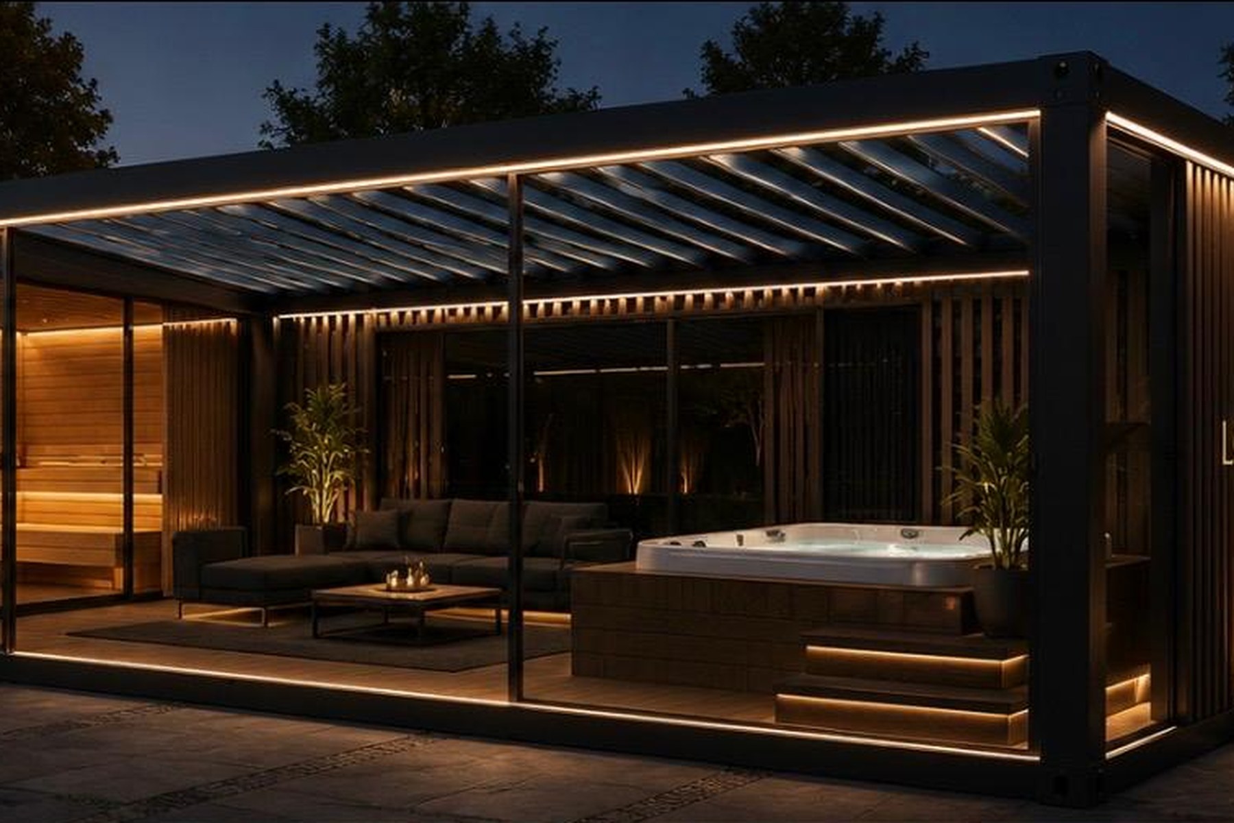 LONI SUN SPA CUBE von außen am Abend mit indirekter Beleuchtung und Lamellenfassade