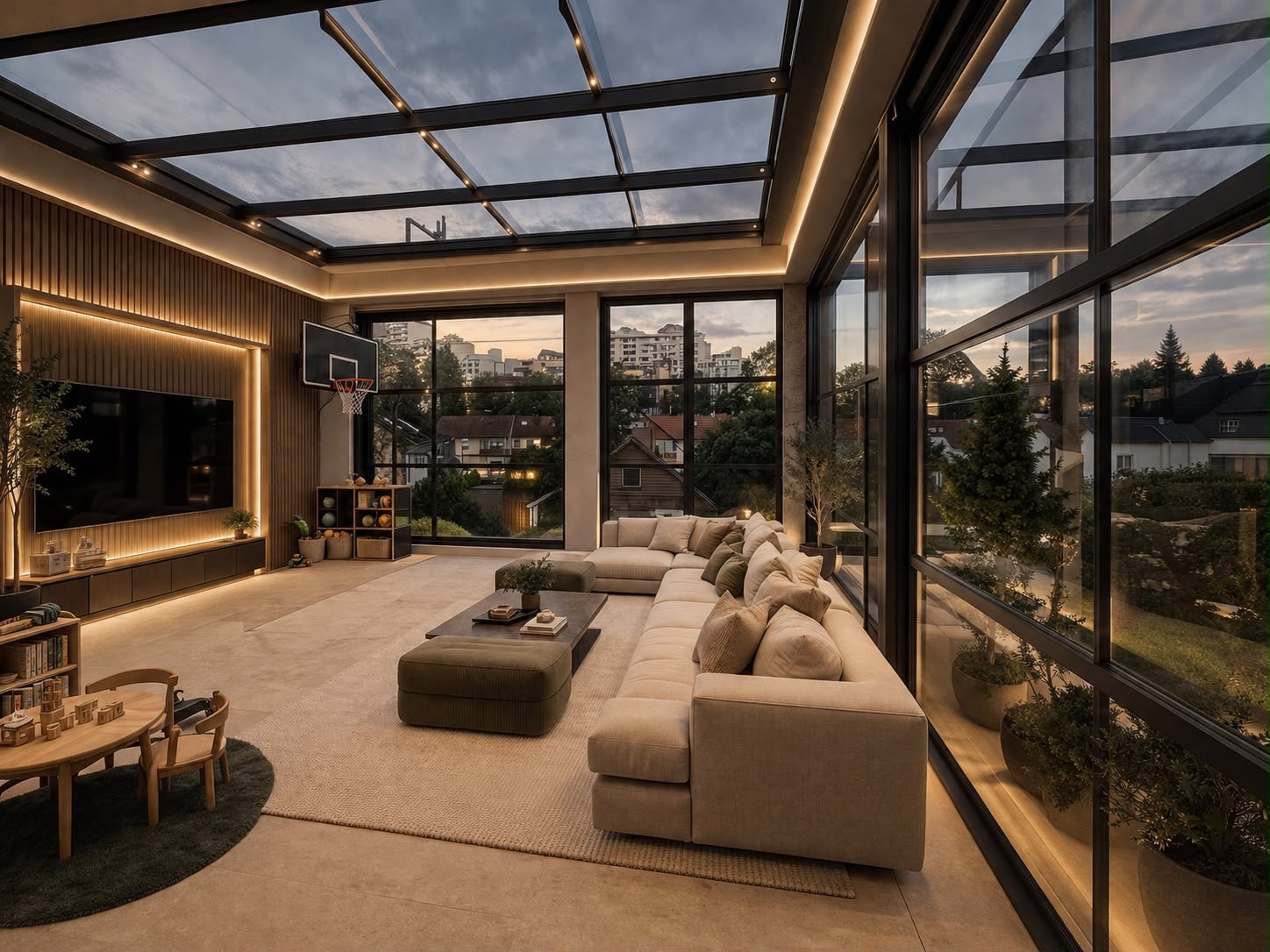 Überdachter Loungebereich mit Lamellendecke, integrierten LED-Linien und Sofalandschaft